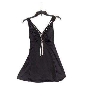 Black Ruffled V-Neck Swim Dress With Adjustable Straps & Drawstring Tie By Calyp